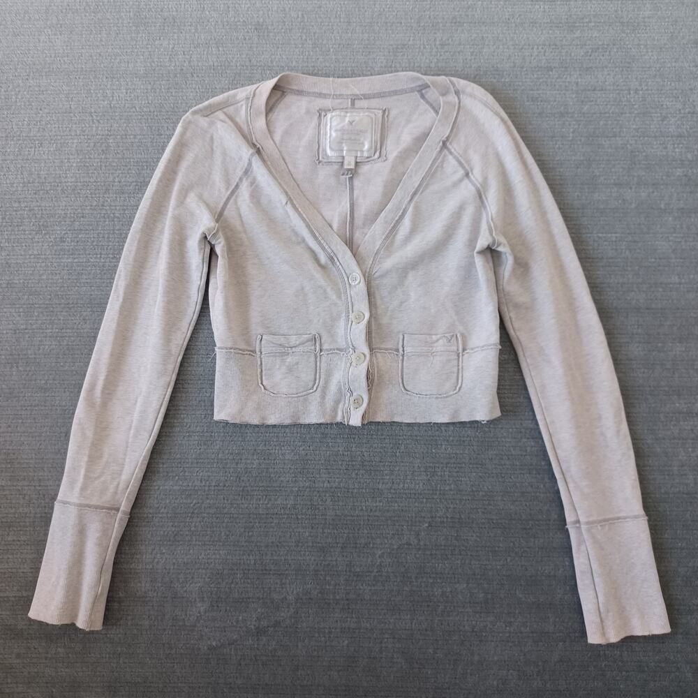 Y2K American Eagle Cropped Cardigan Sweater Women M Gray Preppy Academia Knit